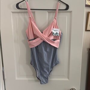 Pink and Navy Striped Swimsuit